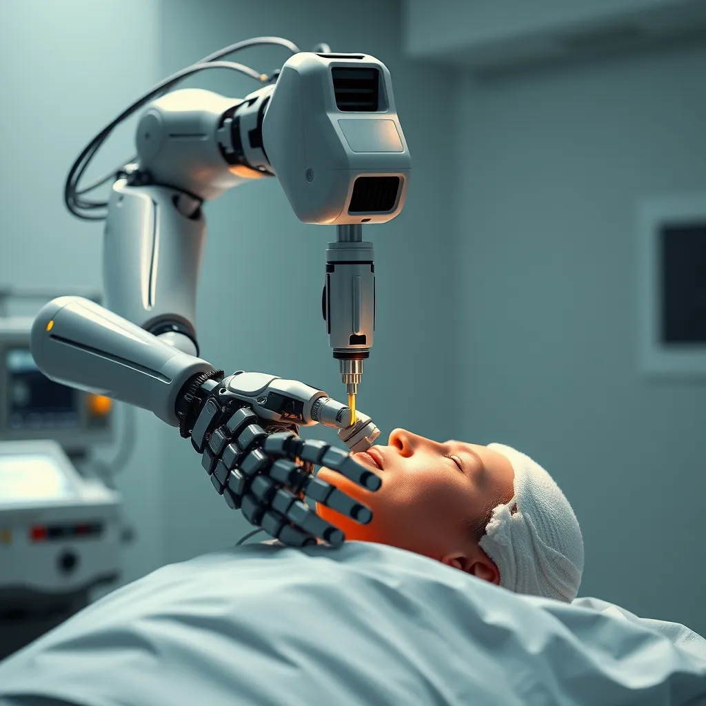  A robotic arm performing a delicate surgery on a patient, guided by a neural network that analyzes real-time data and provides precise instructions. The scene should be sterile and focused on the intricate movements of the robot and the patient's well-being, showcasing the accuracy and precision of neural-powered robotics.