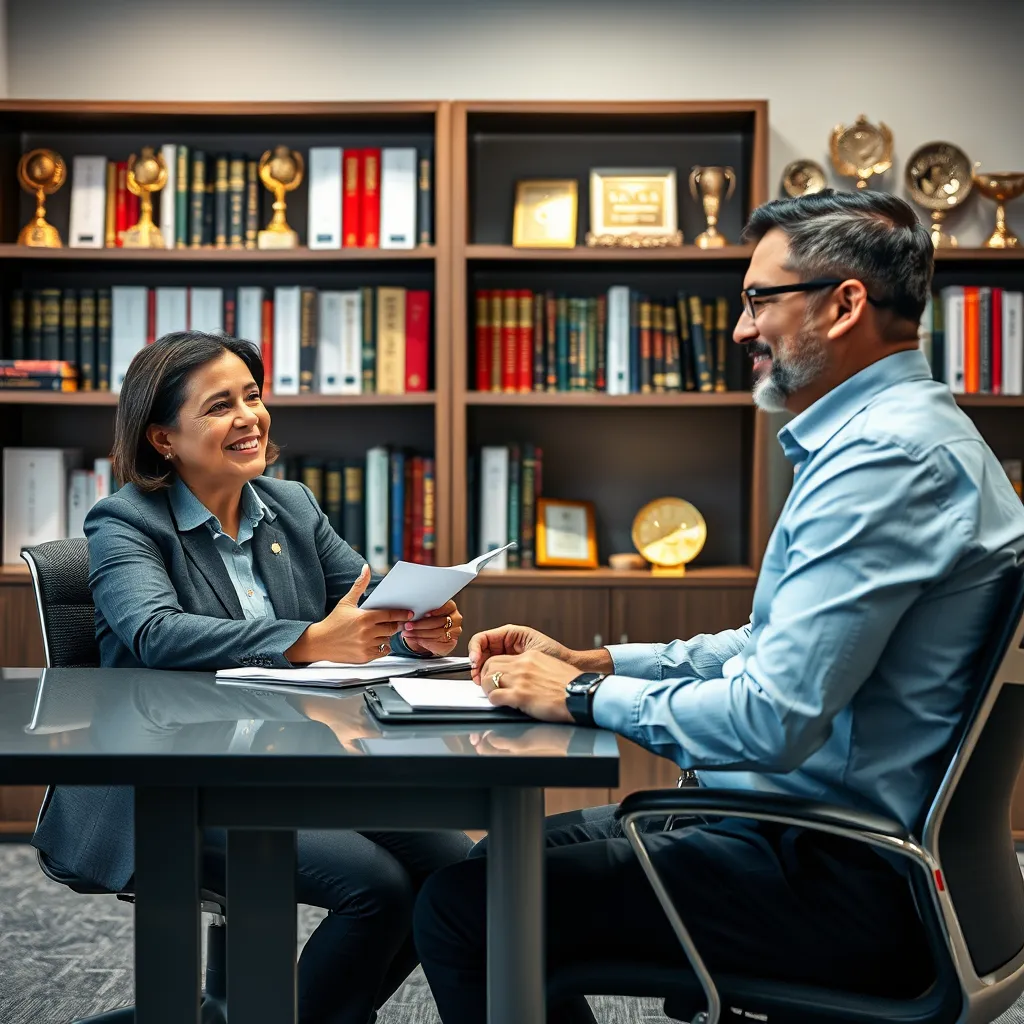 A SAITS4U representative is sitting at a desk in a modern office, actively listening to a business owner who is explaining their business needs and goals. The representative is smiling and taking notes, conveying a sense of care and attentiveness. In the background, a bookshelf filled with financial books and awards reflects expertise and experience.
