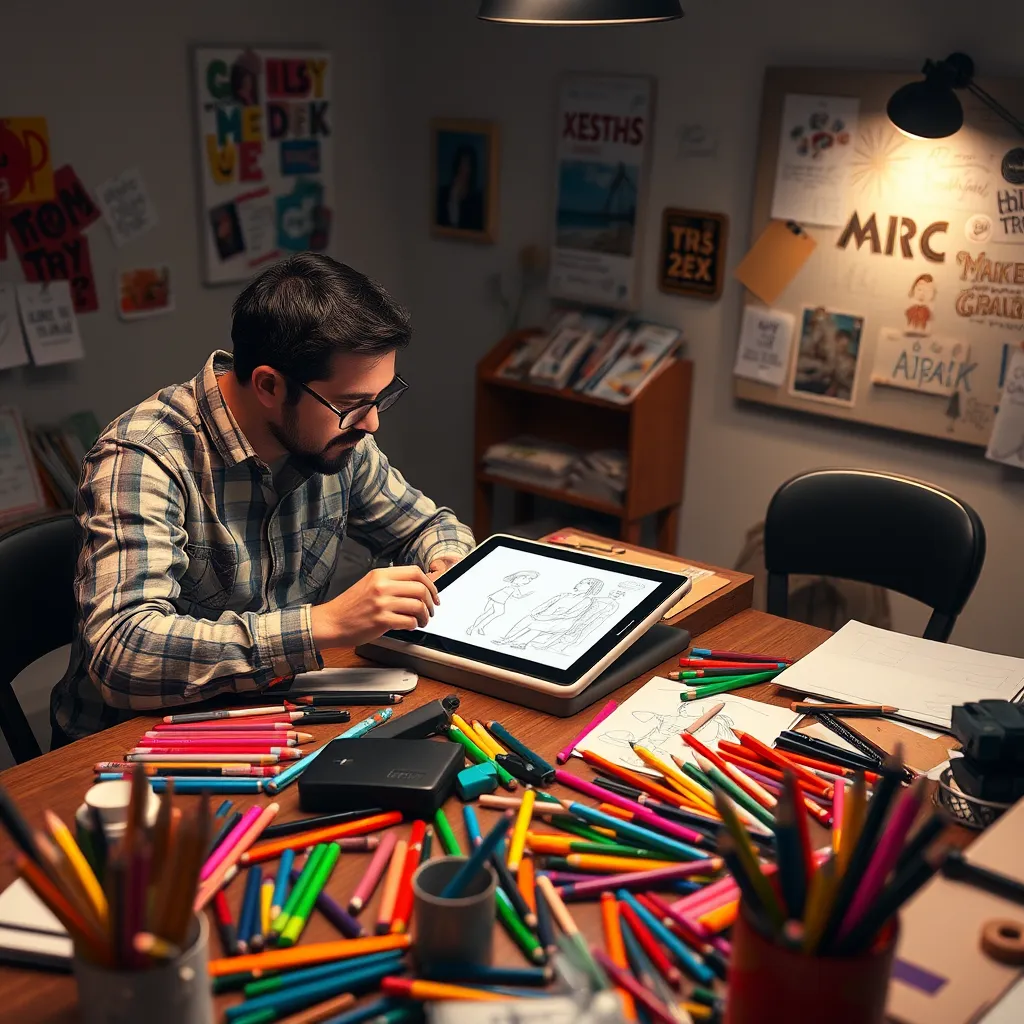 A scene depicting a collaborative brainstorming session between an illustrator and a client. They are both seated at a table, looking at a sketch on a tablet while discussing the artwork. The table should be cluttered with colorful markers, pencils, and inspiration boards, highlighting the dynamic and creative process.