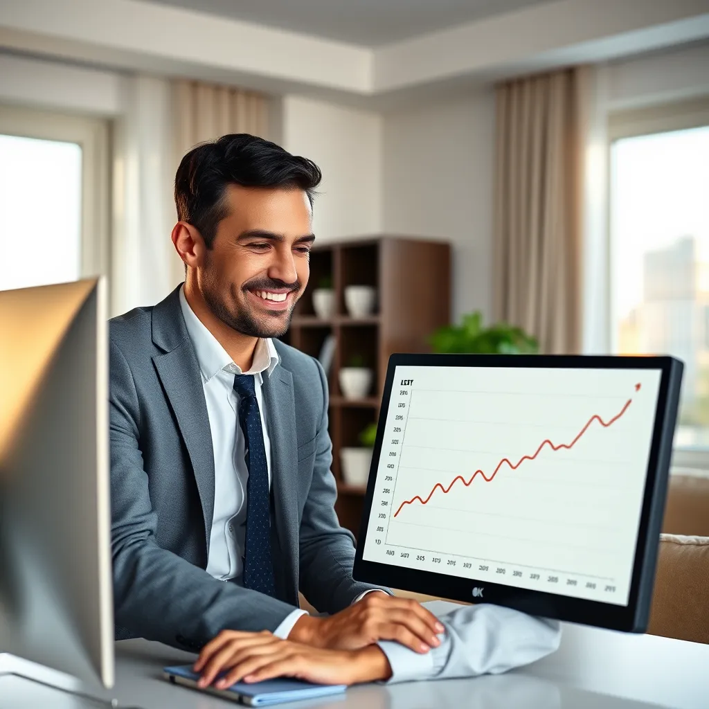 A scene depicting financial recovery and a fresh start. A lawyer in a suit and the individual are looking at a computer screen displaying a graph showing positive financial progress. The room is bright and airy, with soft lighting highlighting the individual's relieved expression and the lawyer's supportive smile. The computer screen displays a chart with a positive upward trend, representing debt reduction and credit improvement. The background includes a cityscape, symbolizing the individual's return to a stable financial future. Render in photorealistic style with 8K resolution, emphasizing the details of the computer screen, the individual's face, and the surrounding environment.