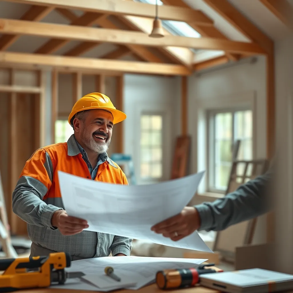 A scene of a construction manager discussing project plans with a smiling client, highlighting a collaborative and trust-filled atmosphere. The image should be set in a partially constructed house, with tools and materials around, emphasizing the ongoing construction process.