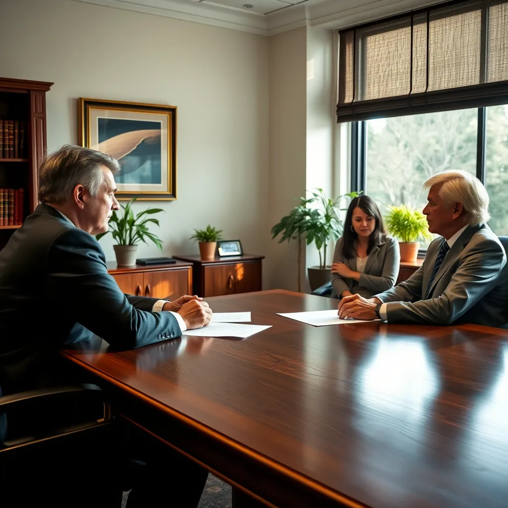 A serene, well-lit office scene with two lawyers dressed professionally, seated across a mahogany table from a couple. The lawyers have empathetic expressions while discussing legal documents. Soft natural light illuminates the scene, creating a warm and reassuring atmosphere. The couple is dressed in casual clothing and appears concerned but hopeful. The office is furnished with a bookcase, potted plants, and warm-toned artwork on the walls. The image should have a high-resolution, photorealistic style similar to Annie Leibovitz's photography, capturing the intricate details of the room and the lawyers' expressions. The focus should be on the interaction between the lawyers and the couple, emphasizing their understanding and compassion.
