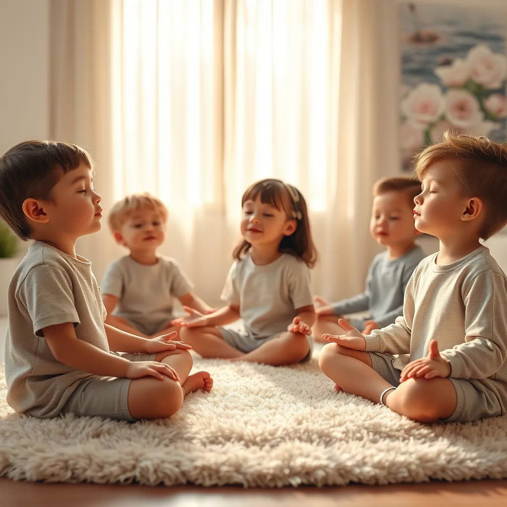 A serene and calming scene of children sitting in comfortable cross-legged positions on a soft, plush rug. They have their eyes closed and peaceful expressions, practicing deep breathing exercises. Soft, diffused lighting creates a warm glow, with gentle sunlight streaming through a nearby window.  The background features a soft, pastel color palette and calming nature-inspired imagery, such as blooming flowers and flowing water. Render in a highly detailed, photorealistic style, emphasizing the serene atmosphere and the peaceful expressions on the children's faces.  Focus on capturing the softness and tranquility of the moment. 8K resolution, with a focus on realistic lighting and shadows.