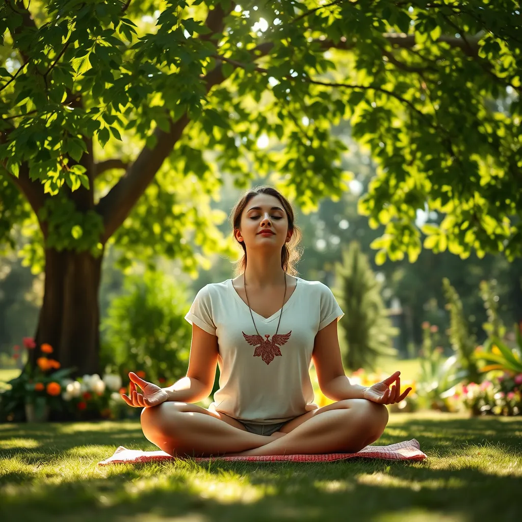 A serene and inspiring image of a woman (age 25-35) meditating in a tranquil garden setting. Sunlight filters through the leaves of a large, leafy tree, casting dappled shadows on the ground. The woman is sitting on a meditation cushion, her eyes closed, a peaceful expression on her face. The garden is filled with colorful flowers and lush greenery, creating a sense of serenity and renewal. The image should convey a feeling of calm and inner peace, reflecting the transformative power of life coaching. 8K resolution, ultra-realistic, pastel color palette, soft diffused lighting.