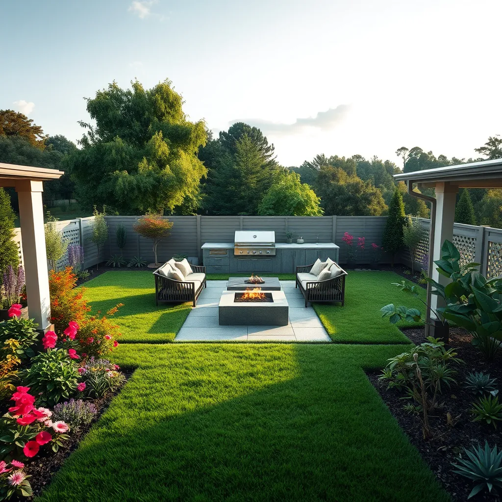 A serene and inviting backyard oasis, captured in an ultra-detailed, photorealistic image. The focal point is a custom-designed patio with comfortable seating, a fire pit, and a built-in grill. Lush green lawn surrounds the patio, bordered by meticulously curated gardens featuring vibrant flowers, fragrant herbs, and exotic plants.  A soft, diffused light bathes the scene, casting long shadows and creating a tranquil mood.  The camera angle is slightly elevated, capturing a wide view of the backyard, including a picturesque backdrop of trees and sky. The overall aesthetic is inspired by the minimalist, modern designs of Japanese gardens.