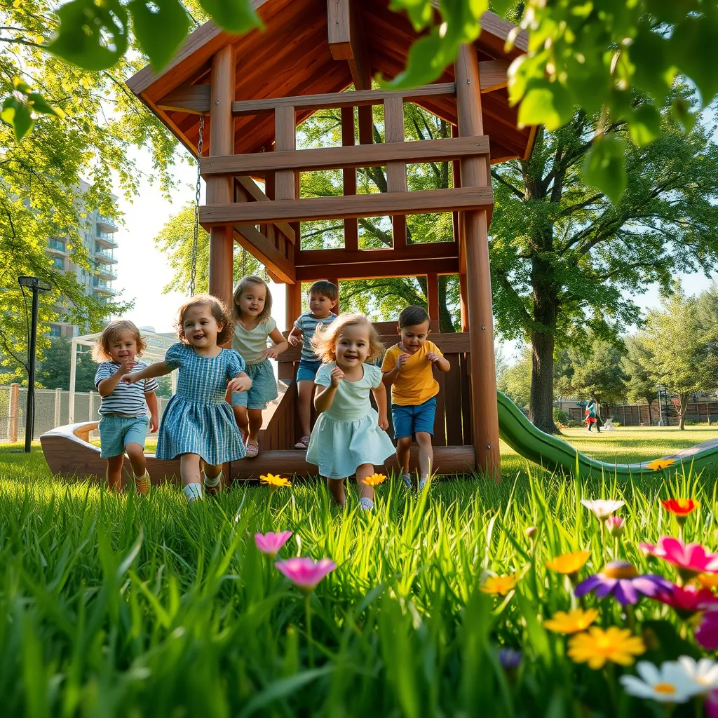 A serene and secure outdoor play area, surrounded by lush green grass and colorful flowers.  A group of children ages 3-5 are playing on a wooden playground structure, laughing and having fun. The area is well-maintained and equipped with safe and age-appropriate equipment, including swings, slides, and climbing structures. The image should depict a bright and sunny day, with soft, diffused light highlighting the joy and laughter of the children. Capture the scene from a low angle, showcasing the height of the playground and the playful energy of the children. Render the image in a photorealistic style with 8K resolution and ultra-detailed textures, emphasizing the natural beauty of the surroundings and the joyful atmosphere of the playground.