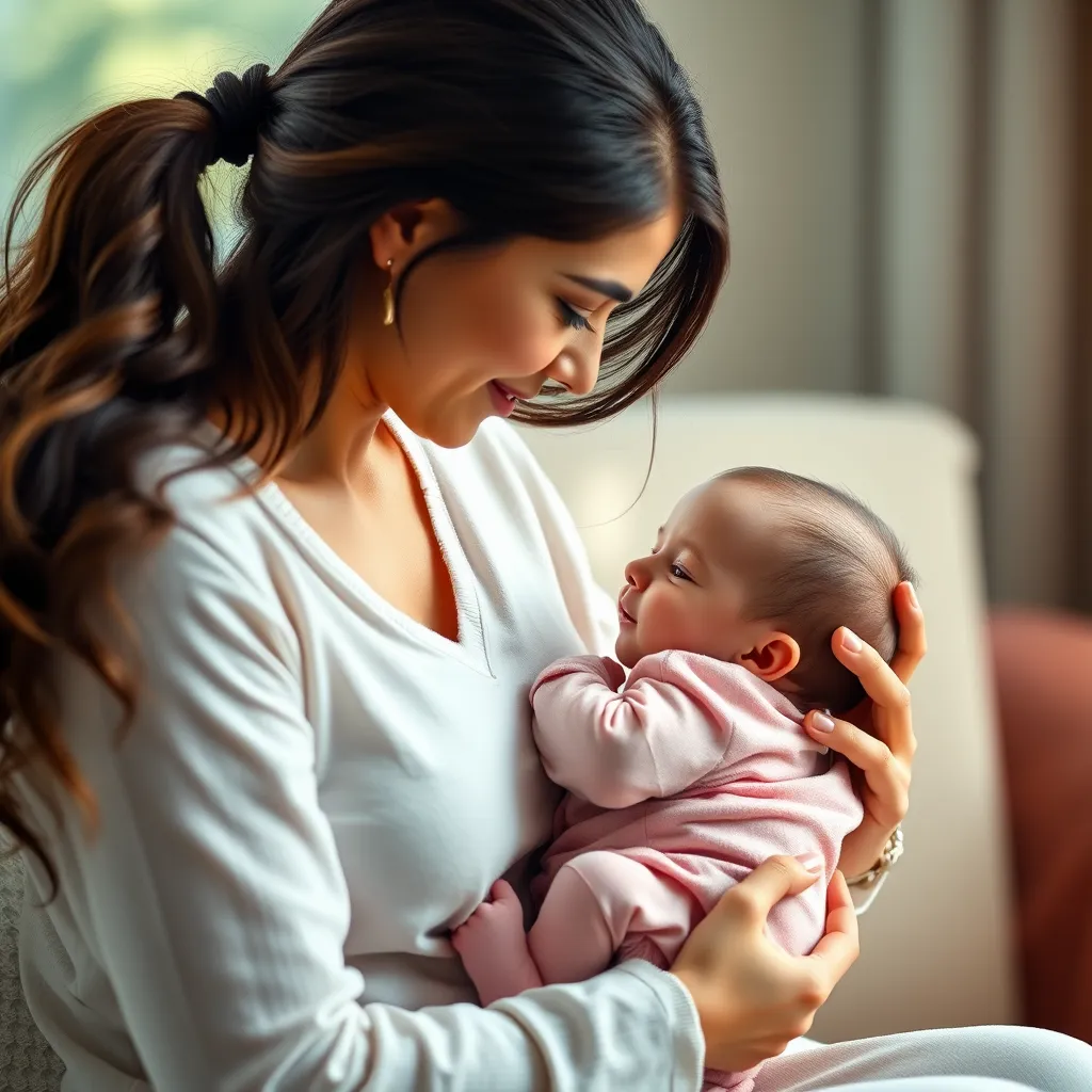A serene image of a mother holding her baby while receiving advice from a lactation consultant, with a calming background of soft colors and natural light, conveying a sense of reassurance and expertise.