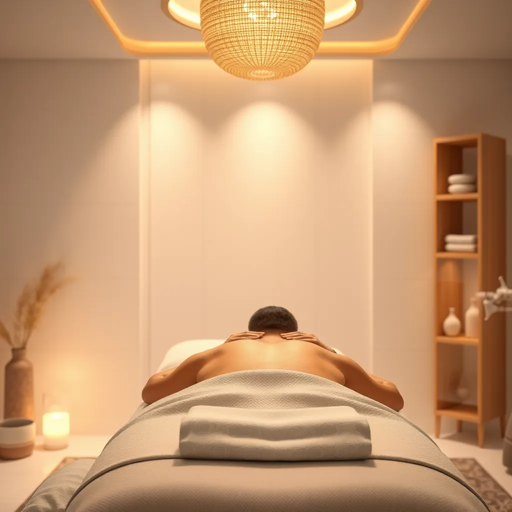 A serene massage therapy room with soft lighting, calming colors, and a massage therapist with a warm smile, gently working on a client's back. The image should convey a sense of comfort, relaxation, and personalized attention.