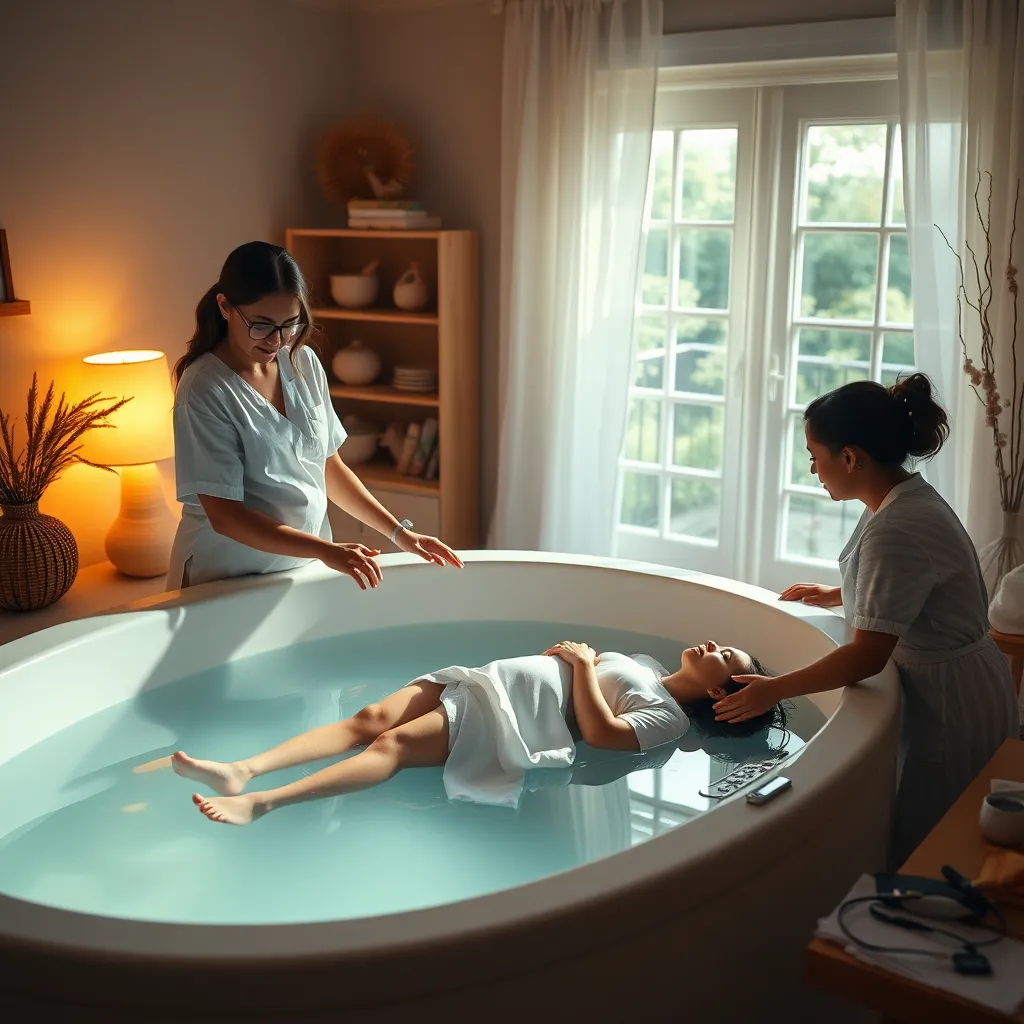 A serene scene of a woman in labor in a birthing pool, surrounded by warm lighting. A midwife is gently assisting her, while another midwife is supporting the woman's partner. The room is decorated with soft, calming colors and natural elements.