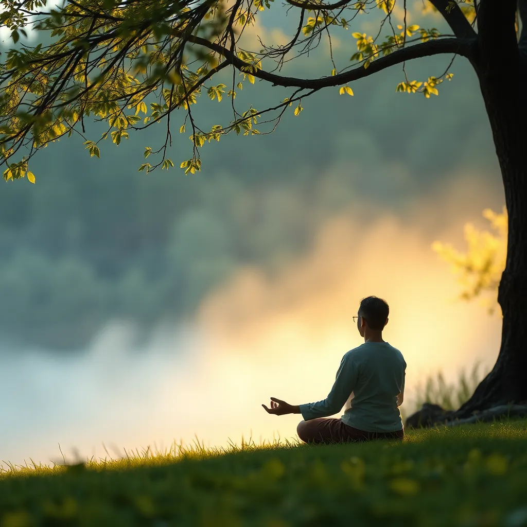 A serene scene with a person meditating in a peaceful natural setting, surrounded by soft light and calming colors. The image should convey a sense of tranquility and stress reduction.