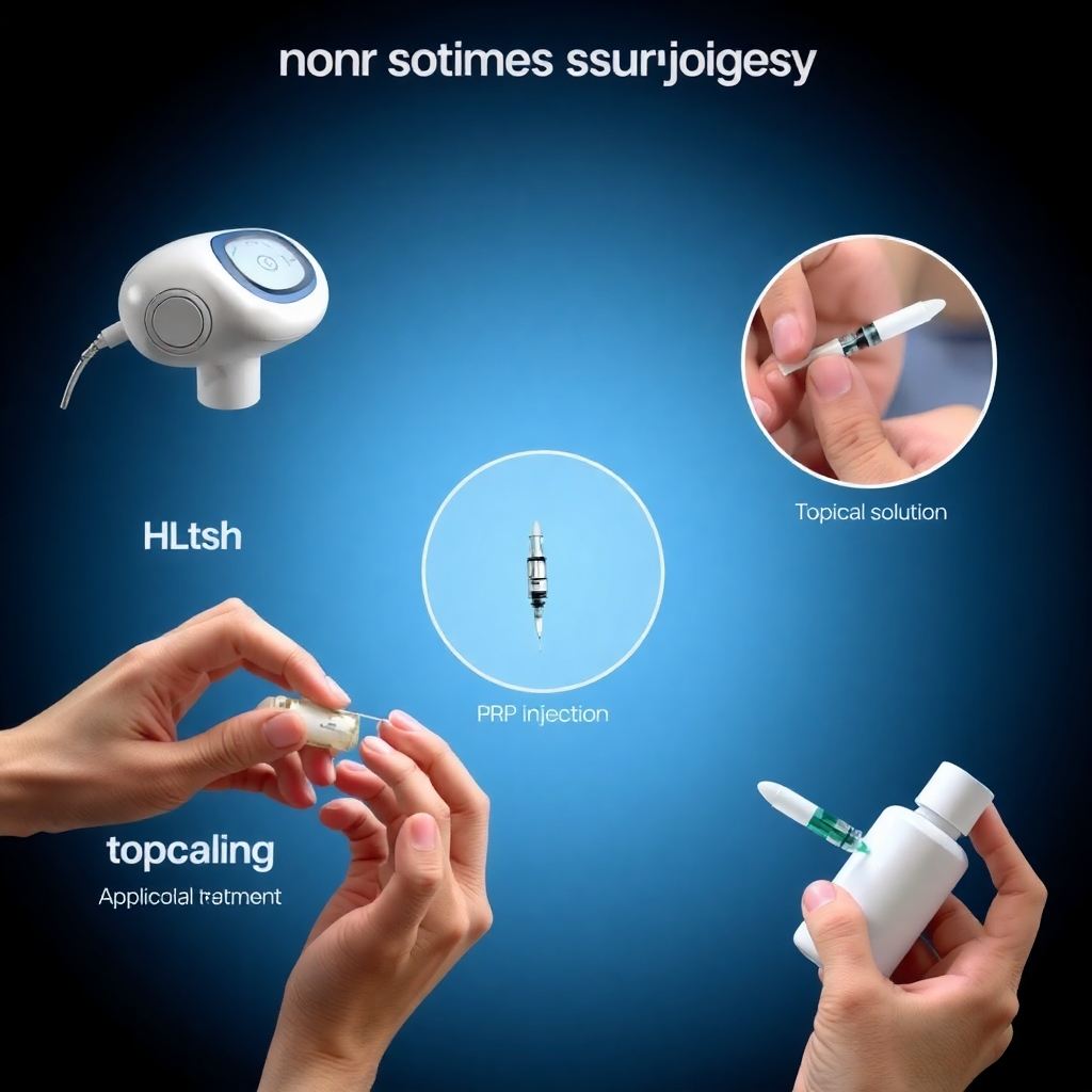 A series of three detailed, photorealistic images focusing on each non-surgical treatment: one showing LLLT device application, another showcasing the PRP injection process, and the third showing the application of a topical solution.   The visuals should focus on the detail of each method, with clear indications on how it’s performed. Each image should focus on a different technique while maintaining a consistent style and lighting.