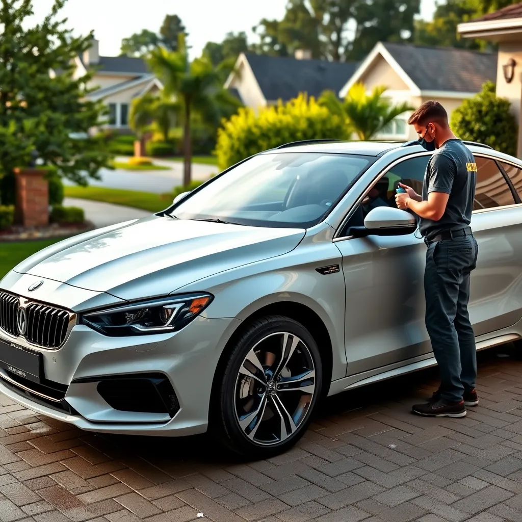 A sleek, modern car parked in a driveway, with a SAITS4U Mobile Car Detailing technician working on the exterior, using a microfiber cloth and detailing spray. The background is a suburban neighborhood with lush greenery. The image captures the convenience and professional approach of the service.
