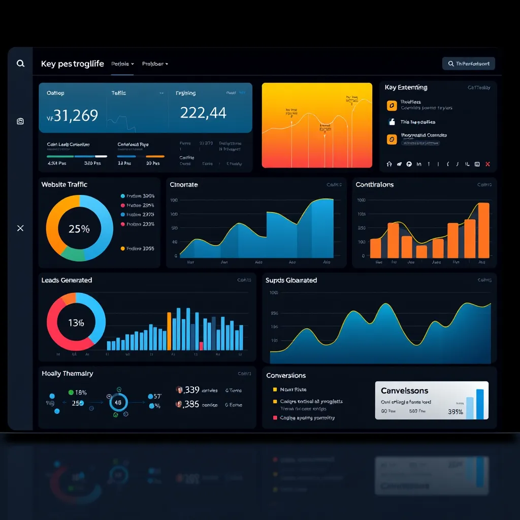 A sleek, modern dashboard with interactive charts and graphs showcasing key performance indicators (KPIs) related to website traffic, leads generated, and conversions. The dashboard should have a clean and user-friendly interface, highlighting data-driven insights.