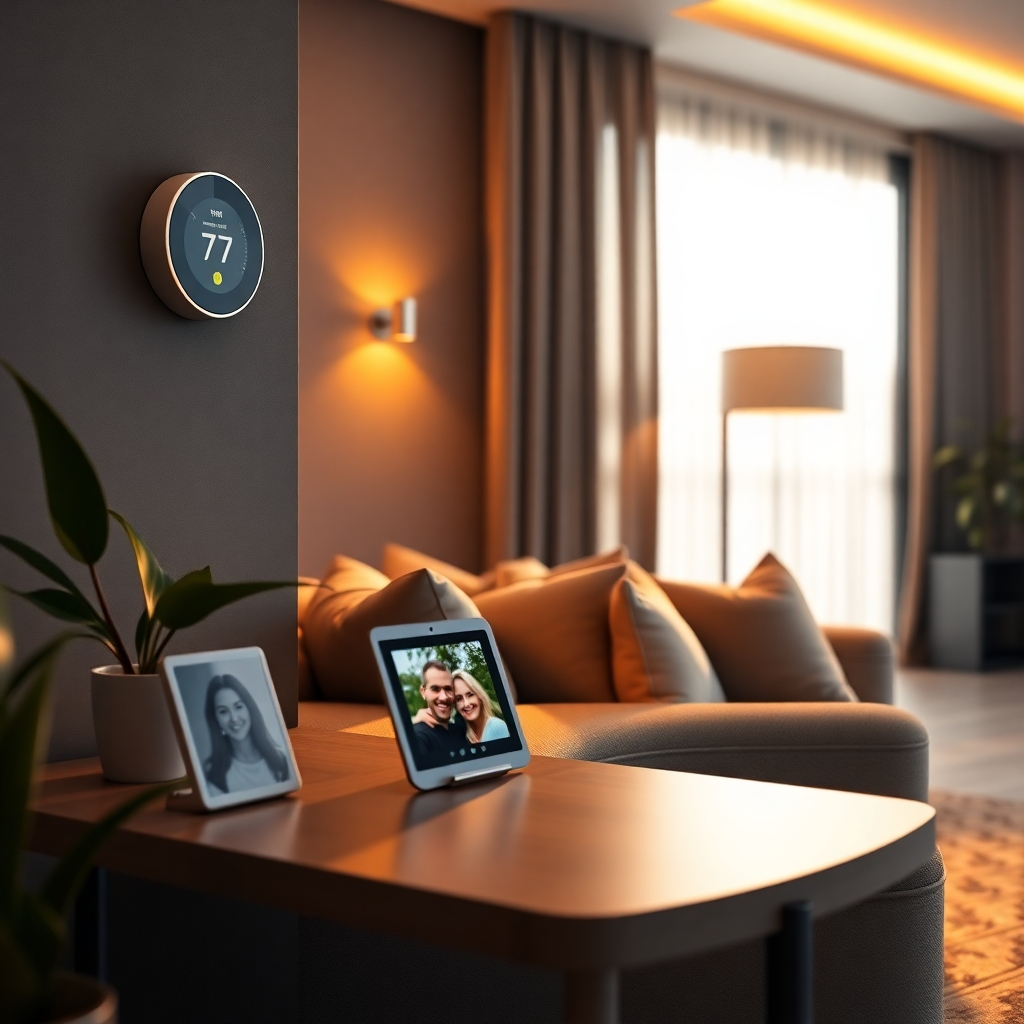 A sleek, modern living room with smart home devices like a smart thermostat and smart lights, along with a personalized photo frame on a side table. The scene is bathed in warm, inviting light, highlighting the convenience of smart home technology.