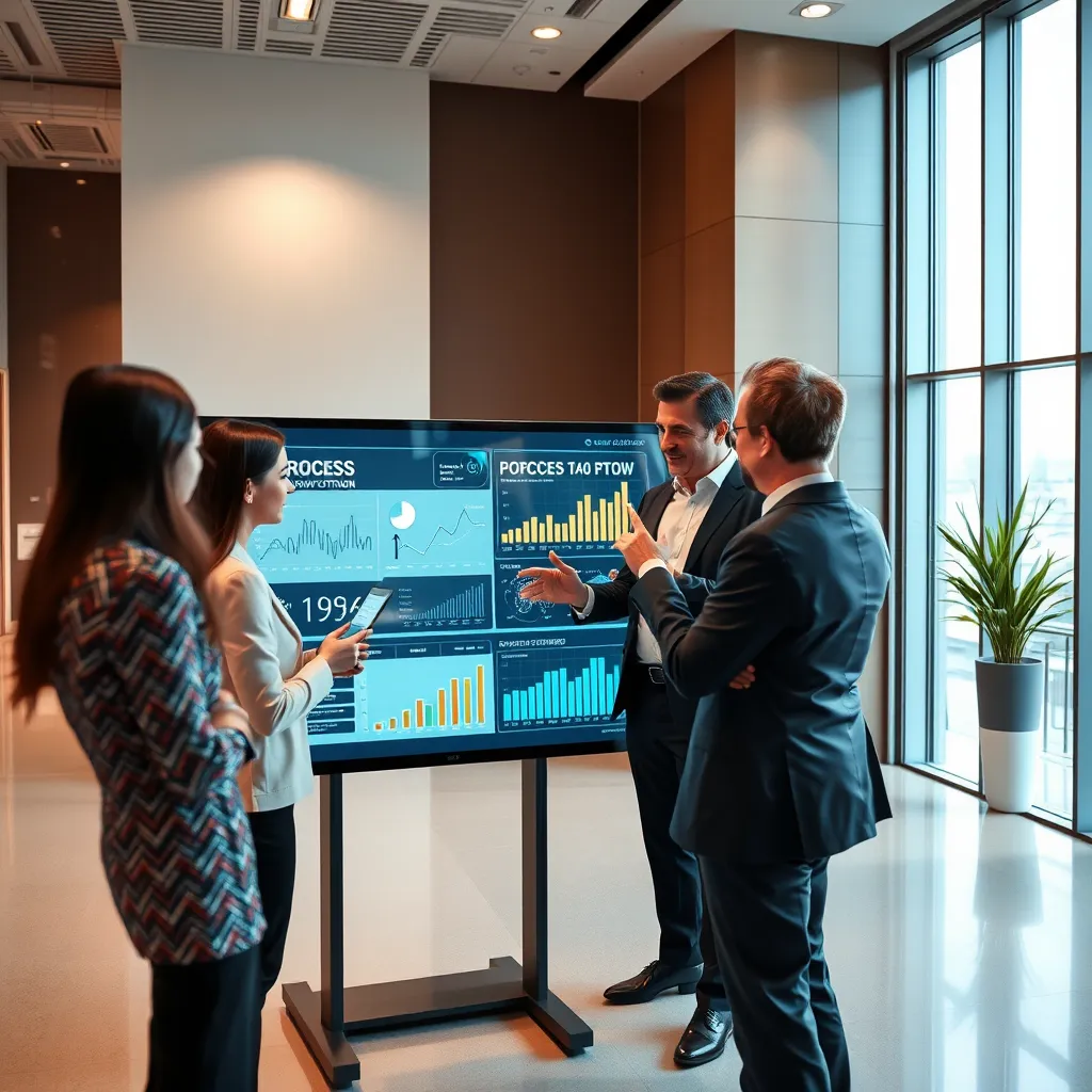 A sleek, modern office space with a team of professionals gathered around a large interactive display. The display shows complex data visualizations and charts representing process flow optimization. The team members are interacting with the display, using gestures and touch inputs to manipulate data and analyze results. The lighting is bright and natural, with a focus on the data on the display and the engaged expressions on the team's faces. The scene exudes a sense of collaboration, innovation, and forward-thinking, reflecting the power of AI in improving efficiency and productivity. Render this in ultra-high quality with a focus on capturing the details of the display, the team's expressions, and the vibrant, modern office space.