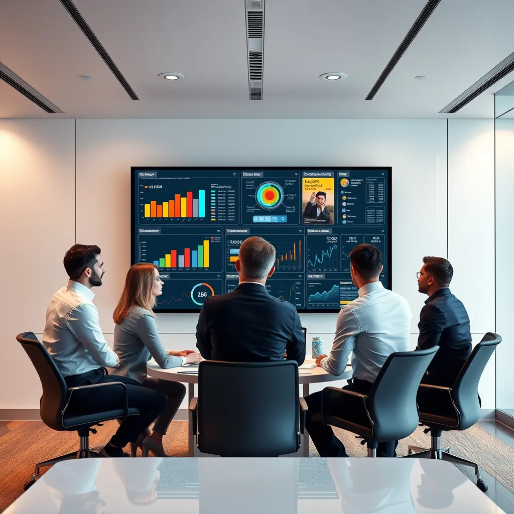 A sleek and modern business meeting room with a team of professionals reviewing data on a large screen. The screen displays various marketing metrics and performance dashboards, including targeted ad campaigns across different platforms. The scene exudes professionalism and focus, with the team members interacting and analyzing the data. The image should capture the essence of strategic planning and data-driven decision making in crafting effective advertising campaigns. Render in a photorealistic style with a focus on the details of the technology and the focused expressions of the team members.