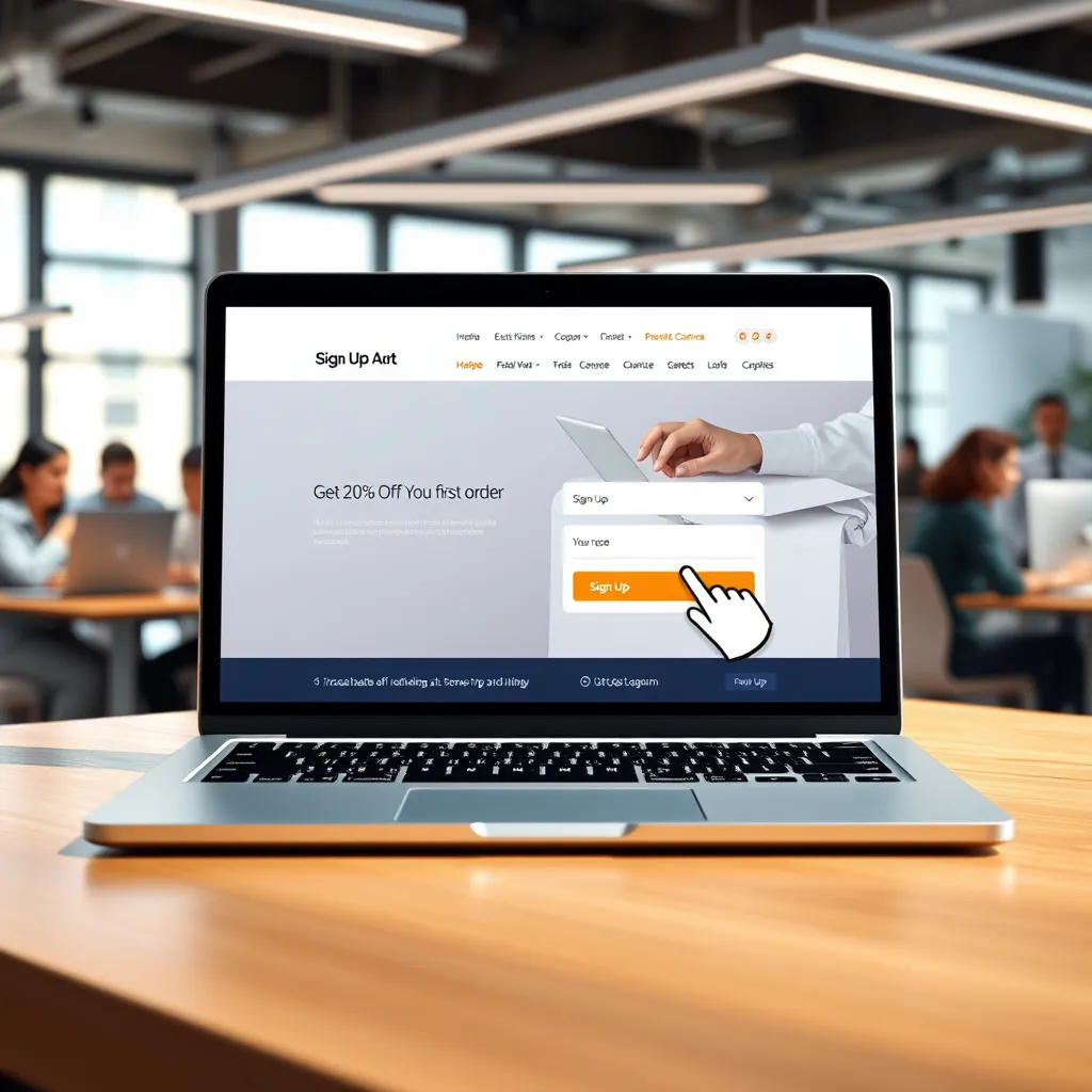 A sleek laptop with a website open showing a sign-up form with an enticing offer like 'Get 20% off your first order' and a graphic of a person clicking on the 'Sign Up' button. The background should be a vibrant office environment with diverse individuals working.