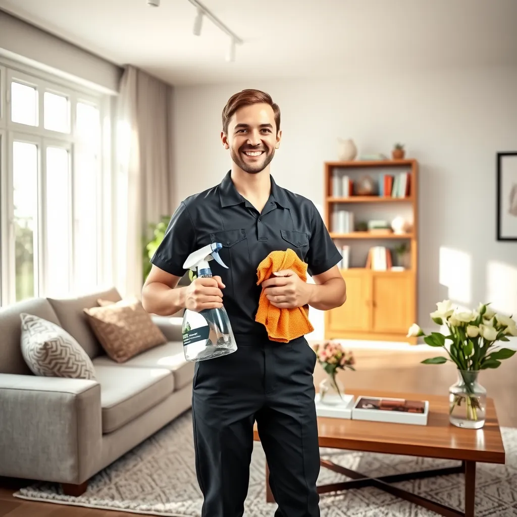 A smiling cleaning professional in a uniform, holding a cleaning spray bottle and a microfiber cloth, standing in a pristine and bright living room with natural sunlight streaming in through a window. The room is impeccably clean, showcasing a couch with throw pillows, a coffee table with a vase of fresh flowers, and a bookshelf with neatly arranged books.