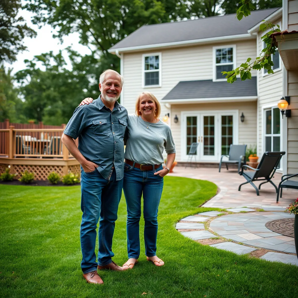 A smiling homeowner standing proudly in their newly remodeled backyard.  The image should highlight elements like a beautiful deck, a well-maintained lawn, and a stylish patio with pavers. The homeowner should be interacting with a friendly contractor, symbolizing a collaborative and stress-free experience.