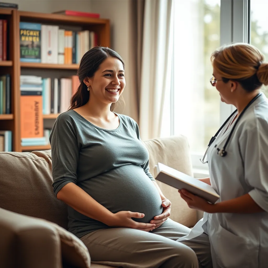 A smiling pregnant woman sitting on a couch, talking to a midwife in a warm, comfortable setting. Natural light streams in through a window, highlighting a bookshelf filled with pregnancy and childbirth books. The midwife is holding a pregnancy journal and listening attentively.
