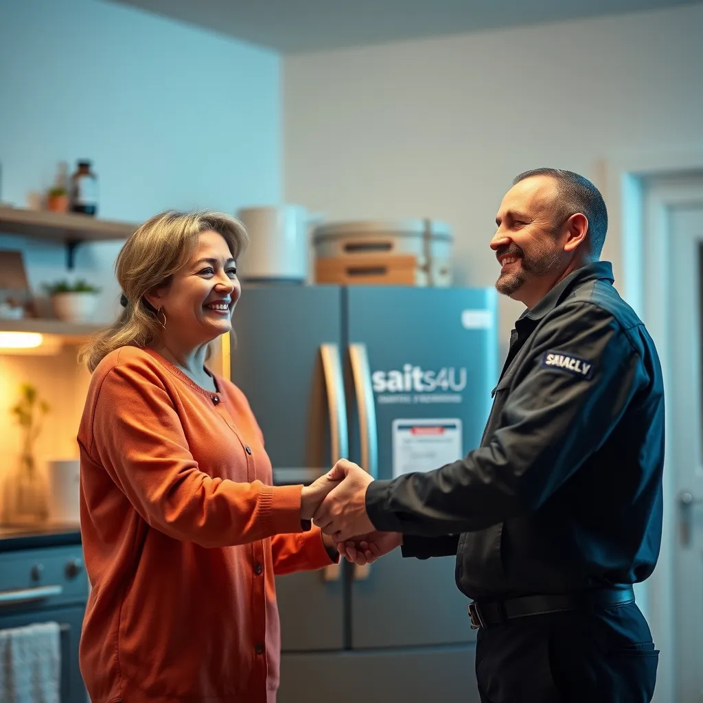 A smiling SAITS4U technician handing over a repaired appliance to a happy customer in their home. The scene should be warm and inviting, showcasing the friendly and professional service provided by SAITS4U. 