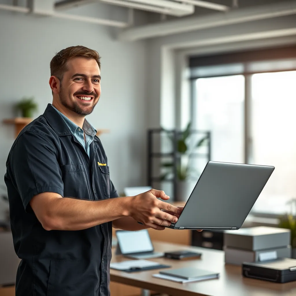 A smiling technician handing a repaired laptop to a happy customer in a professional office setting. The image should convey a sense of trust, confidence, and satisfaction.