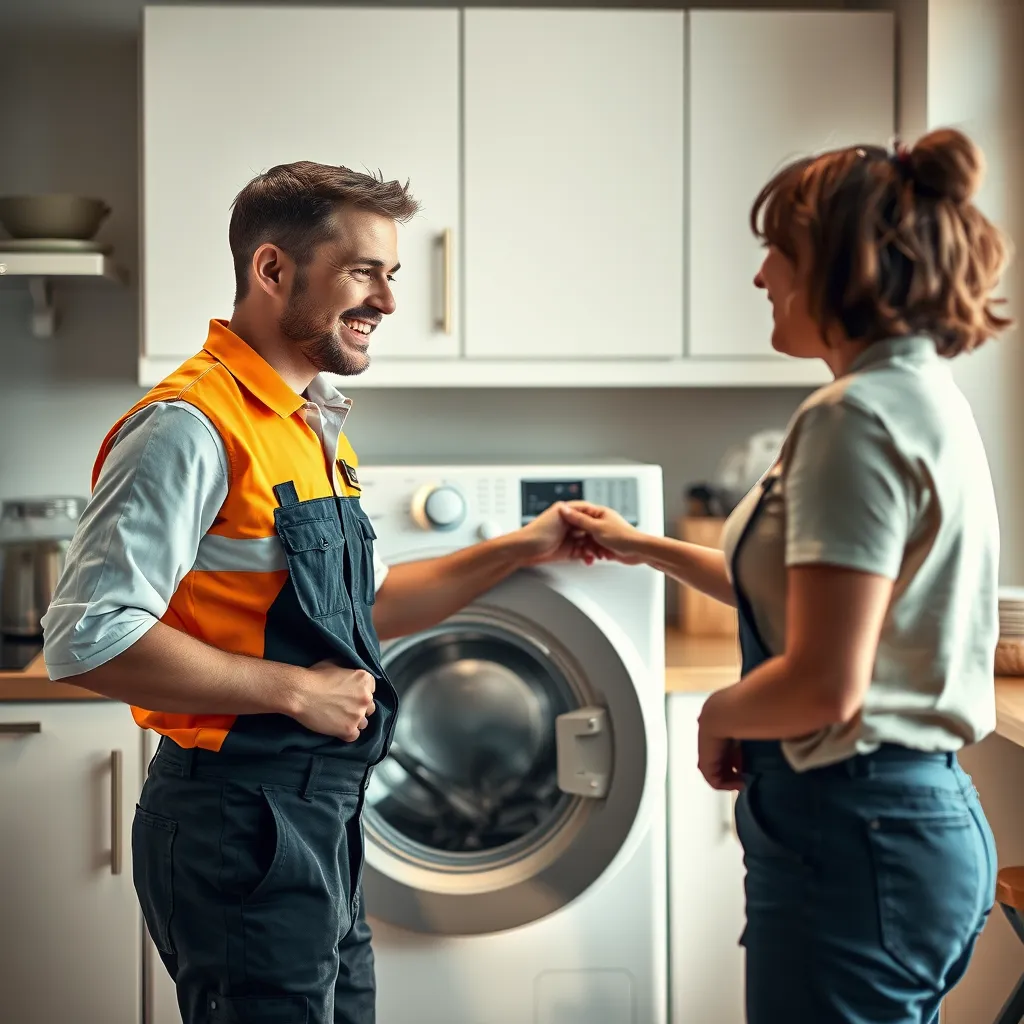 A smiling technician in a uniform, efficiently repairing a broken washing machine in a modern kitchen. The technician is interacting with a happy customer, showcasing the prompt and efficient service they provide.