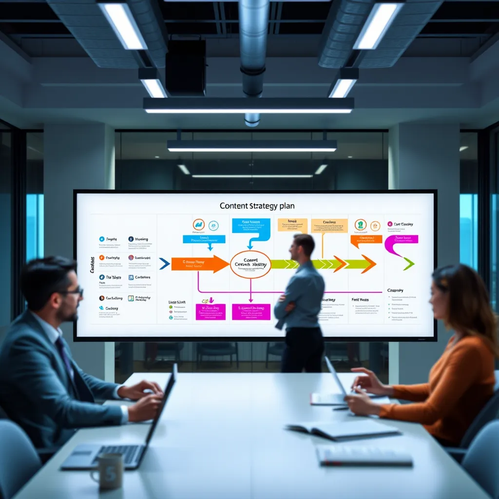 A sophisticated visual representation of a content strategy plan. The image should showcase a whiteboard or a digital screen displaying a detailed content strategy roadmap with icons and arrows representing different content types, target audiences, and channels. The colors should be vibrant and visually appealing, creating a sense of organization and clarity. The background should be a modern and professional office setting, with a team of individuals working collaboratively around a table. The overall mood should be confident, collaborative, and focused, reflecting the comprehensive and effective nature of SAITS4U's content strategy services.