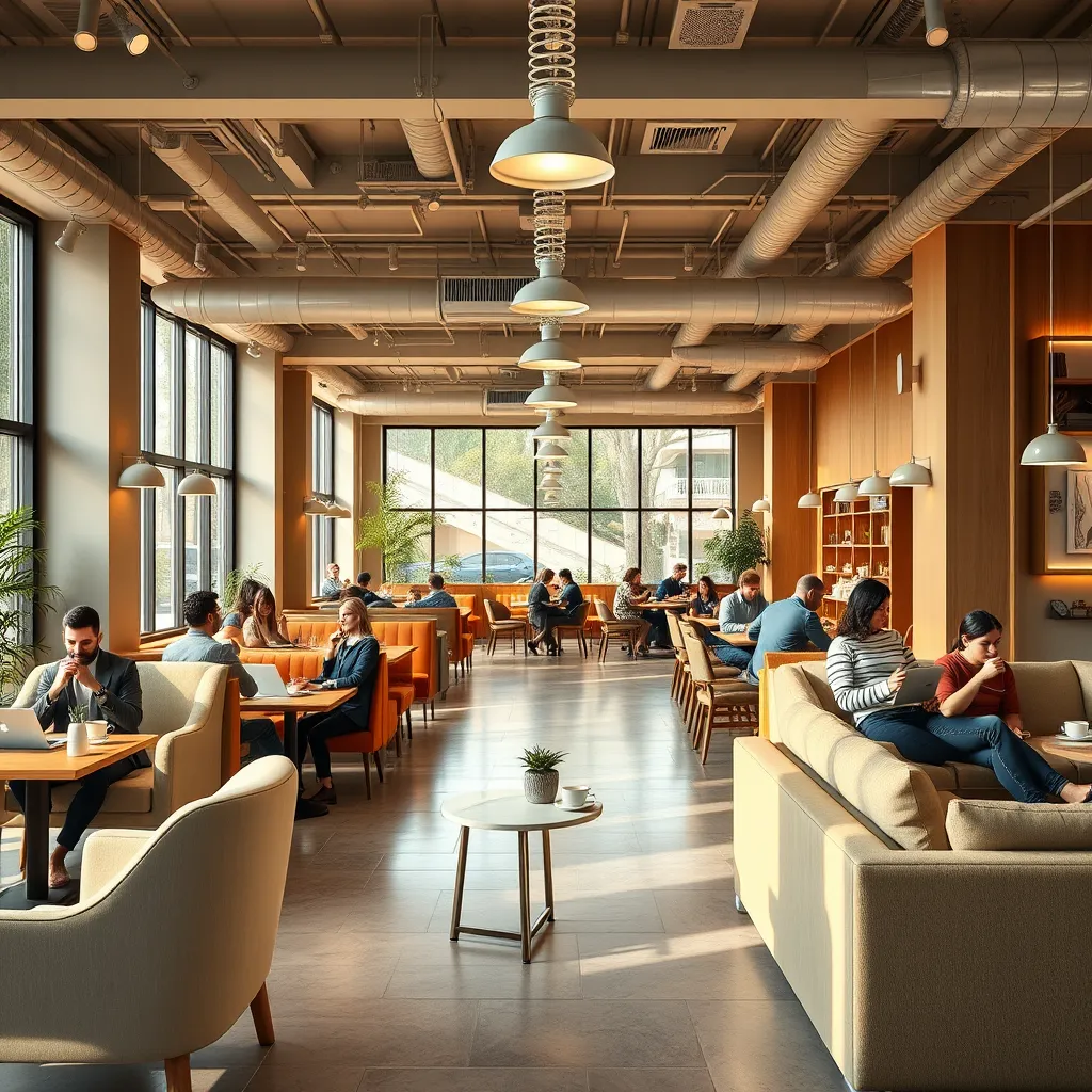 A spacious, brightly lit coffee shop with comfortable seating arrangements, including armchairs, sofas, and tables. Show a diverse group of people enjoying coffee, working on laptops, and chatting with friends in a relaxed and friendly atmosphere.