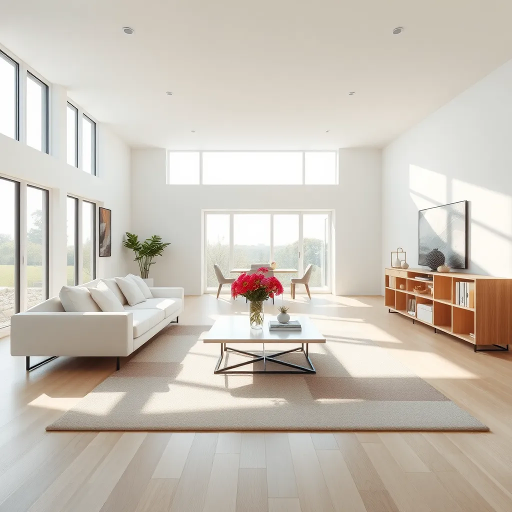 A spacious, open-plan living room with a modern and minimalist aesthetic.  Sunlight streams in through large windows, illuminating a sleek white sofa, a low-lying coffee table with a vase of vibrant flowers, and a minimalist bookshelf. The room features a geometric rug in muted tones, creating a sense of visual interest.  The space is clean and uncluttered, with a focus on functionality and flow.  The image should be captured in a wide-angle shot, showcasing the entire room and emphasizing the sense of space and openness. The style should be reminiscent of a high-end interior design magazine, with a focus on natural light, clean lines, and a harmonious color palette. Render the image in ultra-realistic 8K resolution, capturing every detail with exceptional clarity.