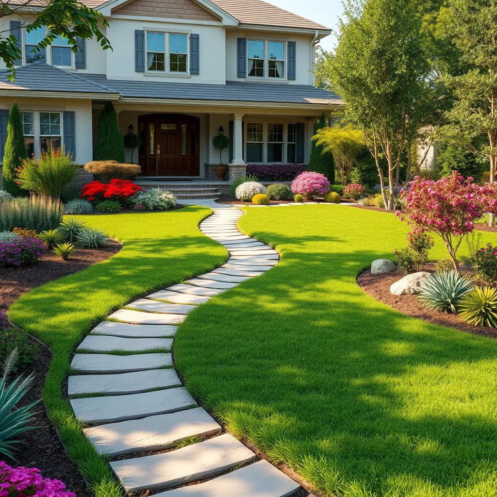 A spacious front yard with a neatly trimmed lawn, a winding pathway made of natural stone, and a variety of colorful plants and shrubs. The landscaping creates a welcoming and visually appealing entrance to the home. The image should focus on the harmonious integration of different landscaping elements, showcasing both beauty and functionality.