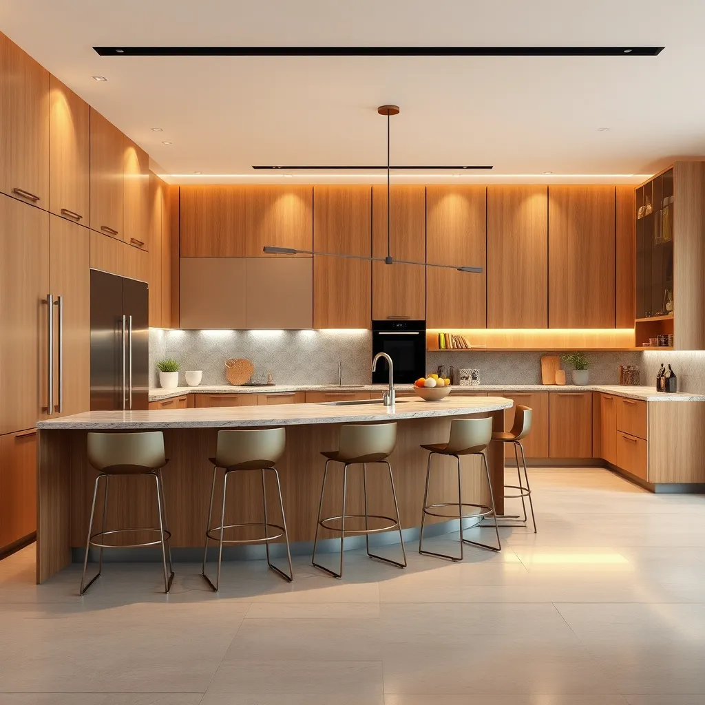 A spacious kitchen with sleek, modern cabinetry and a large island with bar stools. The kitchen features a mix of natural wood and metallic accents, creating a visually appealing and functional space. The lighting is carefully planned, highlighting key features and creating a warm and inviting ambiance.