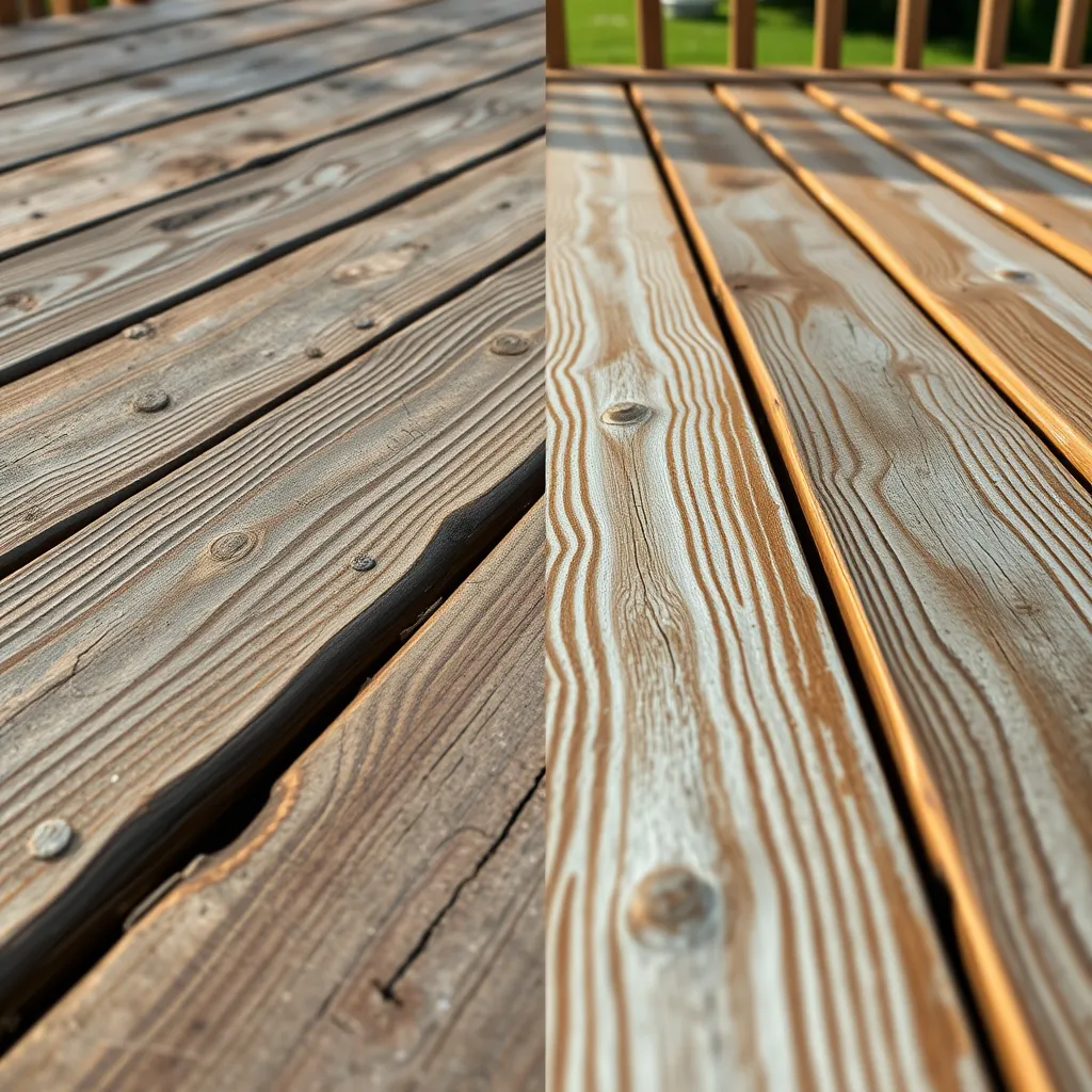 A split image showing a close-up of a weathered and dirty wooden deck on the left side and a freshly cleaned and restored wooden deck on the right side. The image should highlight the difference in color, texture, and overall condition of the wood before and after the soft washing treatment.
