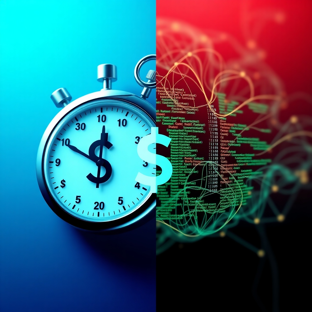  A split image showing a stopwatch and dollar sign on one side, representing speed and cost, next to a complex, intricate web of code on the other side, representing custom website development. Both sides should be in a clean, modern style with bright, clear visuals. Use a contrasting color scheme to highlight the difference.