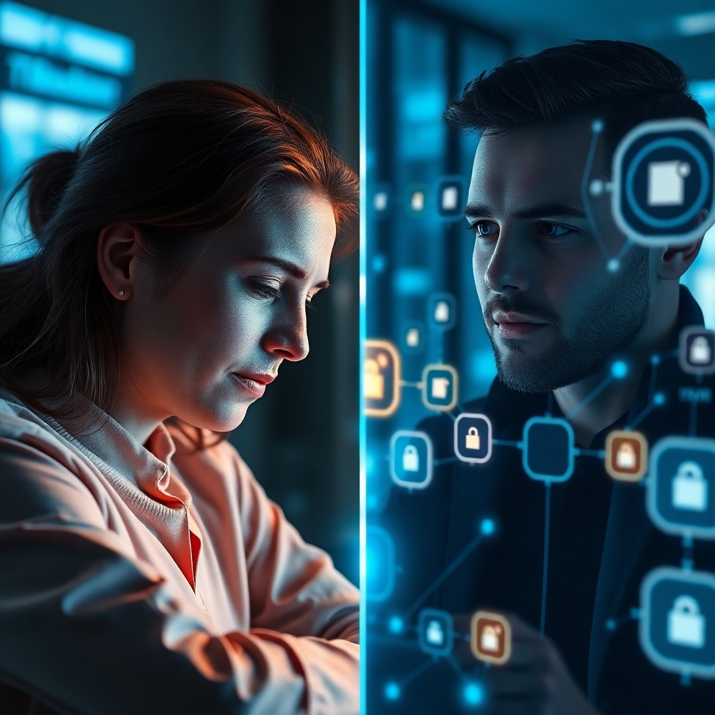A split image showing one side with a stressed person manually contacting leads, and the other side showing a calm person monitoring a sophisticated AI system automatically engaging leads, represented by glowing icons.  The AI system's interface should be sleek and modern.