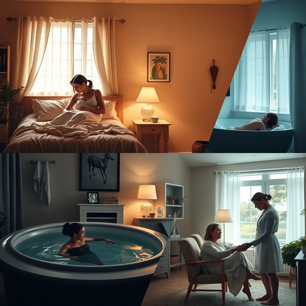 A split image showing three distinct birthing settings: a cozy home bedroom with soft lighting and a midwife assisting a woman in labor, a serene water birth setting with a woman in a birthing pool, and a bright and welcoming birthing center with a midwife supporting a woman during labor. Each scene emphasizes the personalized and supportive care provided by SAITS4U.