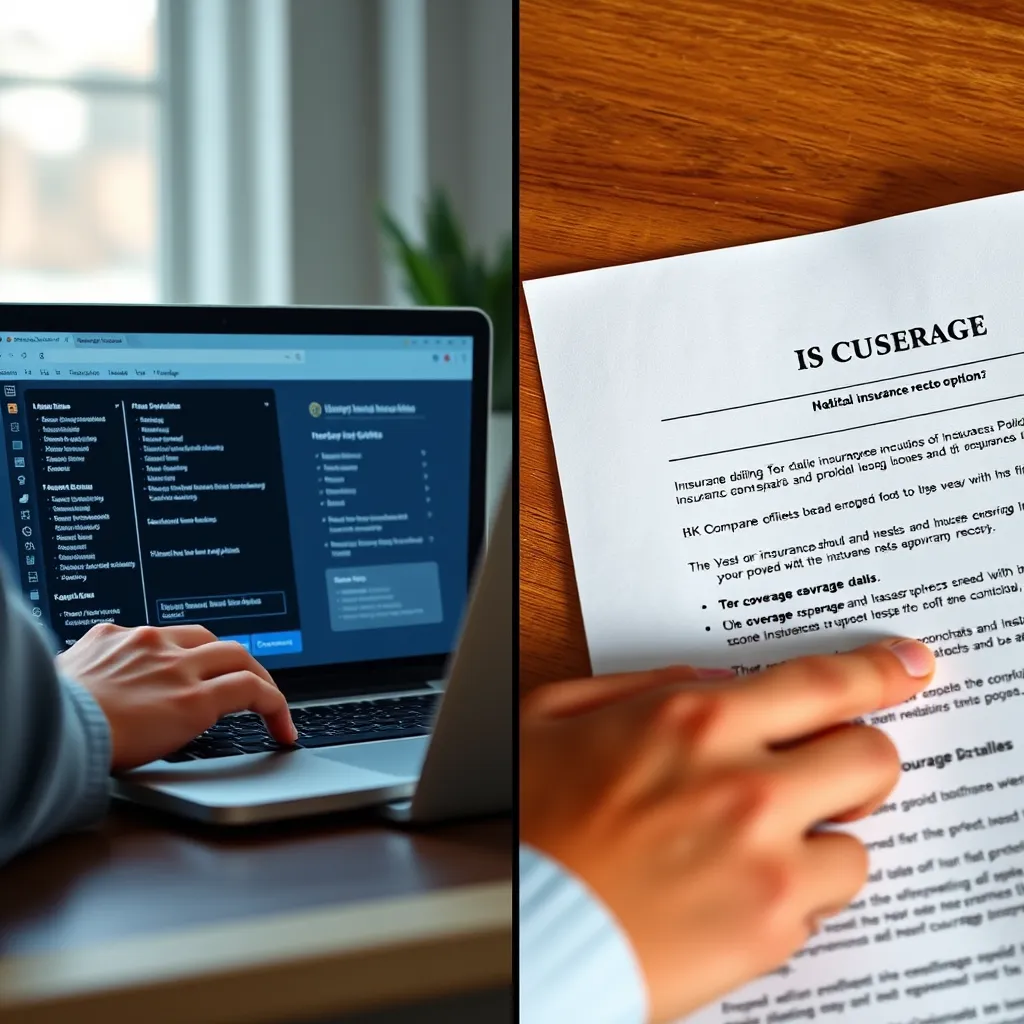 A split-screen image. On one side, a person is using a laptop to compare insurance quotes from various providers. On the other side, a close-up shot of a policy document highlighting key coverage details. The image should emphasize the ease and benefits of comparing insurance options.