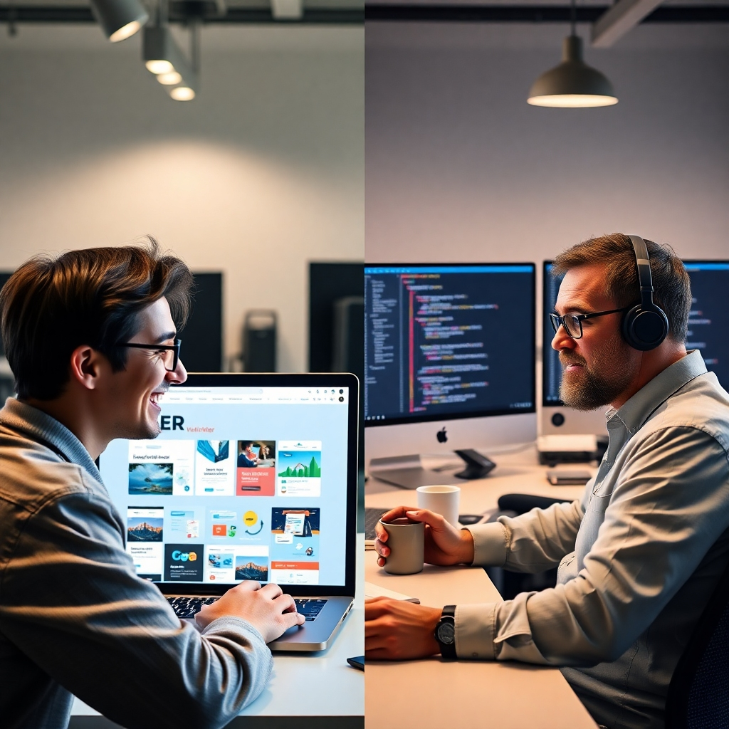 A split screen image. One side shows a person happily looking at a laptop displaying a website builder with various pre-designed templates. The other side shows a stressed programmer surrounded by computer screens, code, and coffee cups, working on a website from scratch. The background should be a modern, minimalist office setting.