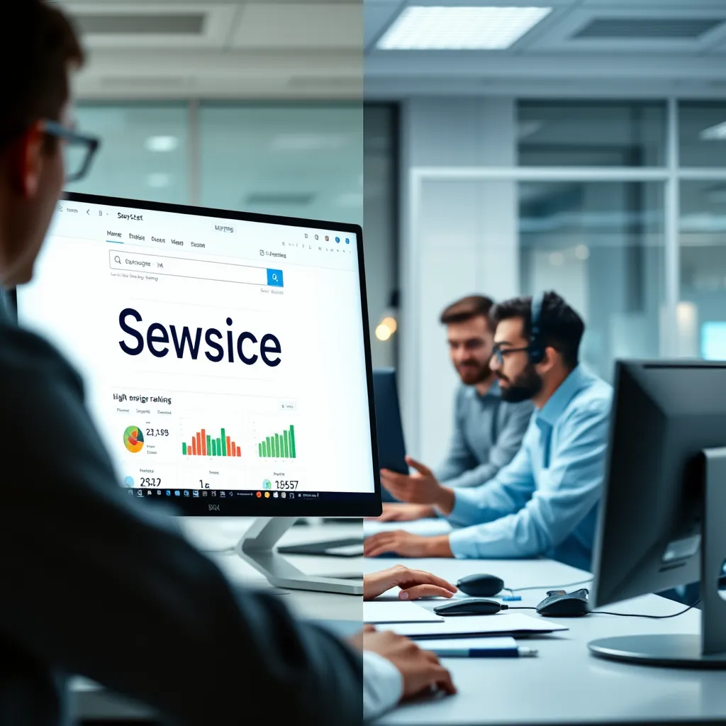 A split-screen image. One side shows a computer screen displaying a website with high search engine ranking. The other side shows a team of SEO experts working on a computer, analyzing data and optimizing website content. The background should be a bright, modern office space.
