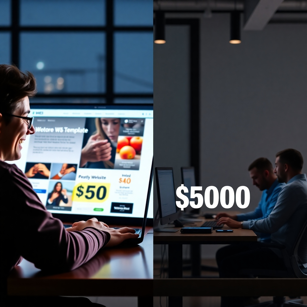 A split screen image. One side shows a person happily looking at a laptop displaying a website built with a template, with a price tag of $50. The other side shows a team of web developers working intensely on a custom website design, with a price tag of $5000.  Both scenes are brightly lit and modern, emphasizing the cost difference.