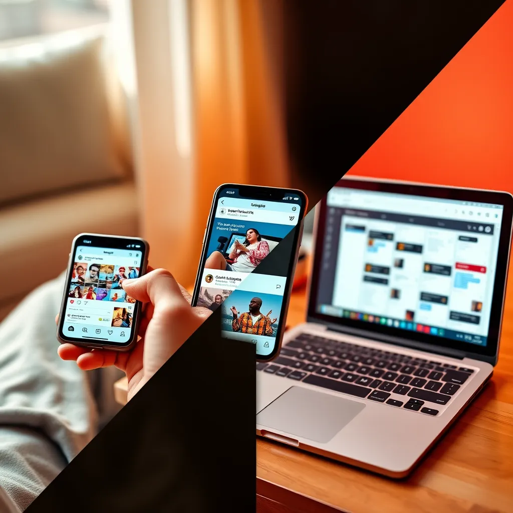 A split-screen image featuring a phone displaying a vibrant social media feed with engaging captions and eye-catching visuals. The phone should be held by a person wearing casual attire, highlighting the accessibility of social media. The other half of the image should showcase a laptop screen with a content calendar for social media posts. The lighting should be natural and warm, creating a comfortable atmosphere. The colors should be bold and energetic, reflecting the dynamic nature of social media. The camera angle should be slightly tilted, adding a sense of movement. The image should be photorealistic with a 4K resolution, capturing the detail of the social media content and showcasing a vibrant and energetic mood.