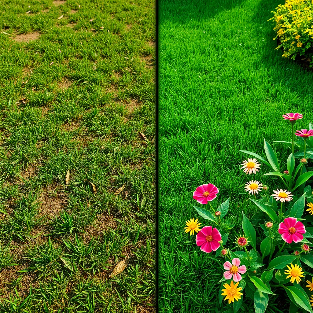 A split-screen image showcasing two different lawn care scenarios. On the left, a neglected lawn with brown patches and weeds. On the right, a lush, green lawn with vibrant flowers and healthy foliage, demonstrating the transformative power of SAITS4U's tailored services.