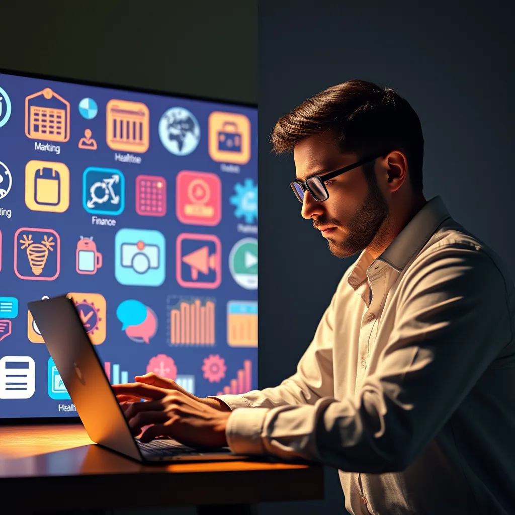 A split-screen image showcasing various industries represented by icons: technology, healthcare, marketing, finance. On the other side, a skilled content writer is working on a laptop, crafting compelling content tailored to each industry.