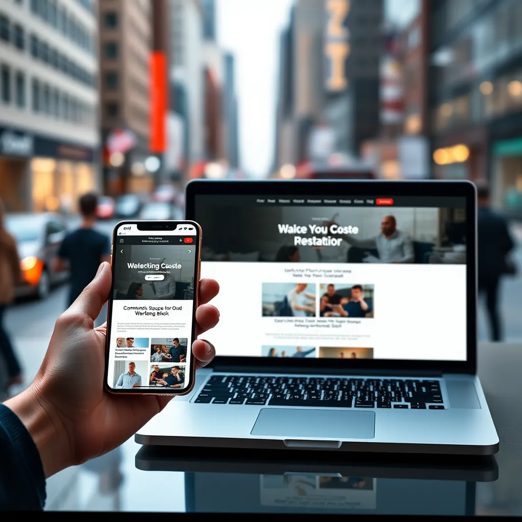 A split-screen image showing a modern website displayed on a smartphone and a laptop. The website's layout adapts perfectly to both screens, showcasing its responsiveness. The smartphone should be held in a hand, and the laptop should be on a desk, both with blurred backgrounds of busy city life, emphasizing the versatility of the website.