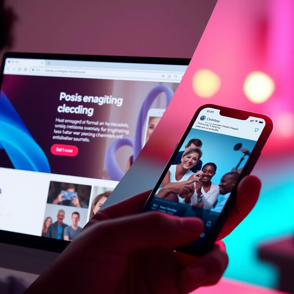 A split-screen image showing a website with engaging content and a mobile device showcasing a social media feed with positive user interaction. The image should be visually dynamic, highlighting the interconnectedness of different digital marketing channels.