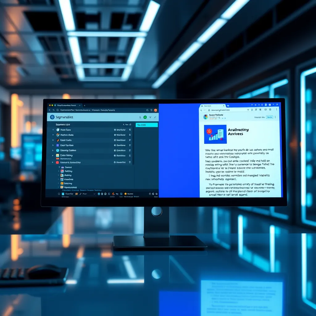 A split screen image showing a computer screen with email marketing software displaying segmented lists, and on the other side, an email with personalized content tailored to a specific audience segment. The background should be a futuristic, sleek office setting with glowing screens.
