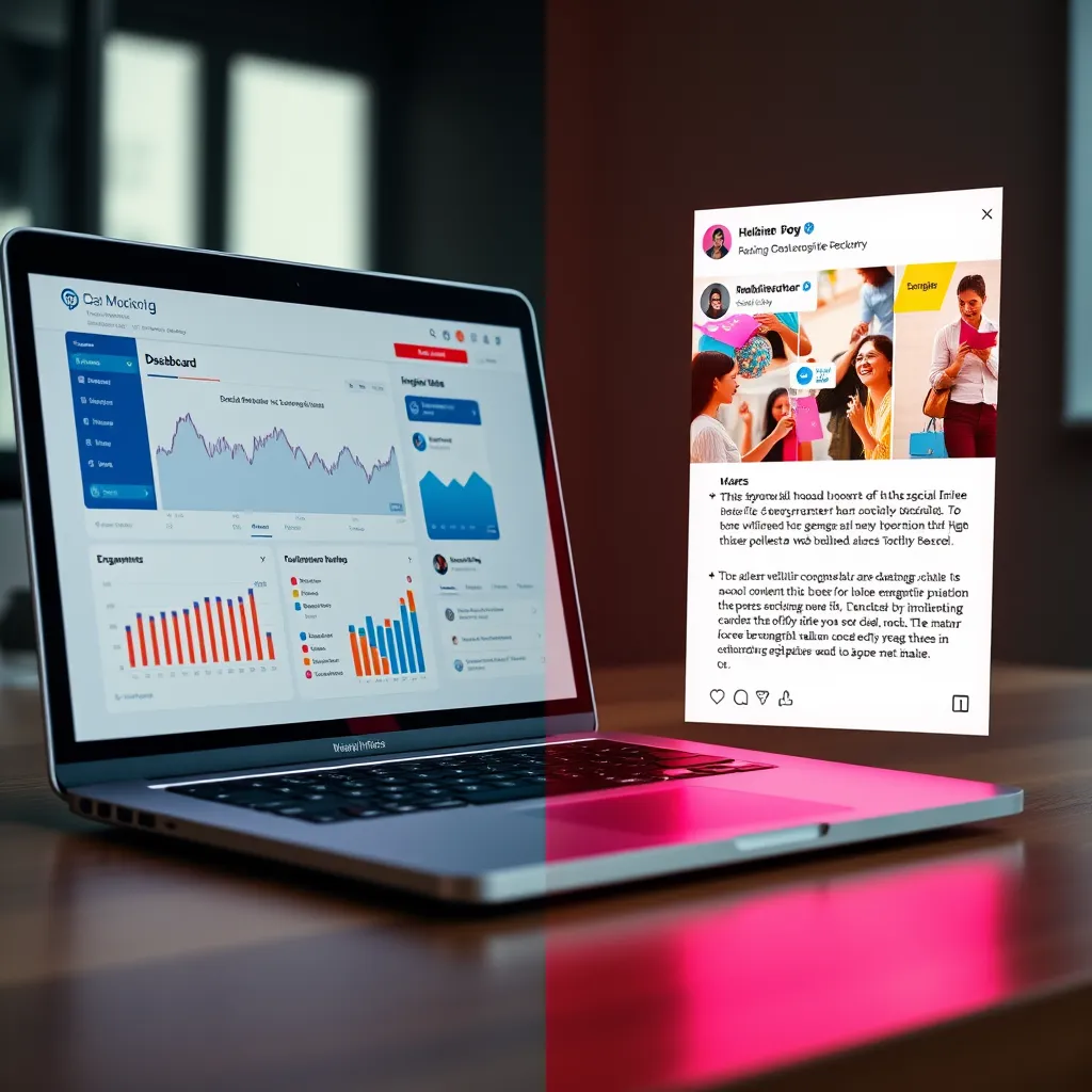 A split-screen image showing a laptop displaying a social media dashboard with analytics and insights on the left. On the right, showcase a vibrant and interactive social media post with engaging visuals, captivating text, and a positive comment section. The image should convey the power of data-driven social media strategies and the importance of engaging content.