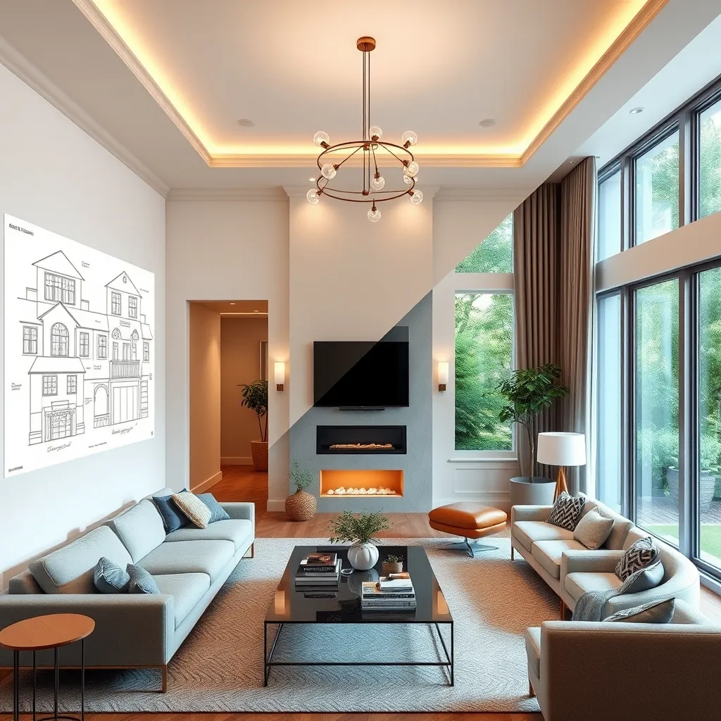 A split-screen image showing a client's initial sketches for a home renovation on one side, and a completed, beautifully remodeled living room on the other side. The image should convey the successful transformation of a dream into a tangible space.