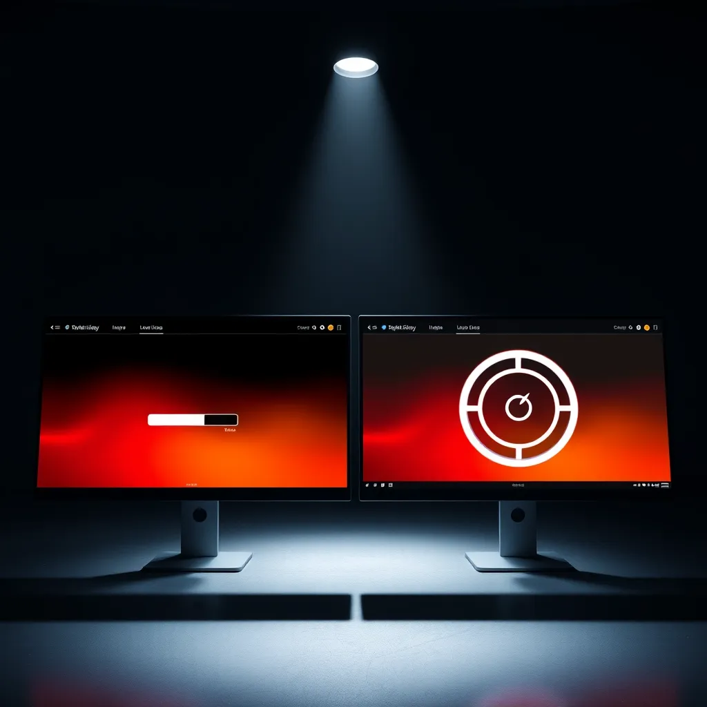 A split-screen image showing a website loading quickly on the left, and a slow-loading website with a spinning wheel on the right. The background is a dark, minimalist space with a single spotlight highlighting the website. The image should have a dramatic and high-contrast feel, emphasizing the speed difference between the two websites. Style reference: cyberpunk aesthetic. 8K resolution, ultra-detailed.