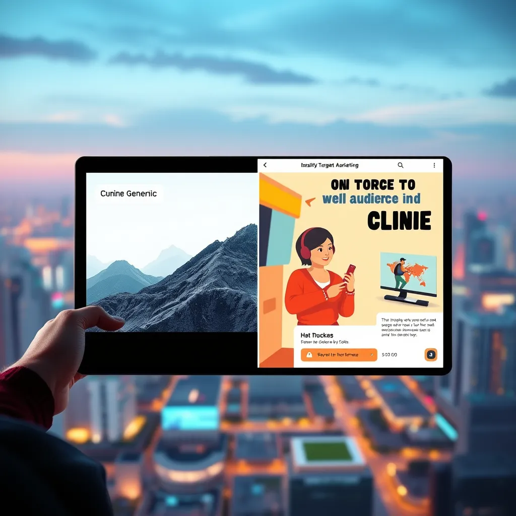 A split-screen image showing two different scenarios. On one side, a generic online advertisement with low engagement. On the other side, a personalized, targeted advertisement that resonates with a specific audience, leading to positive interactions and clicks. The background should depict a vibrant digital landscape, emphasizing the power of targeted marketing.